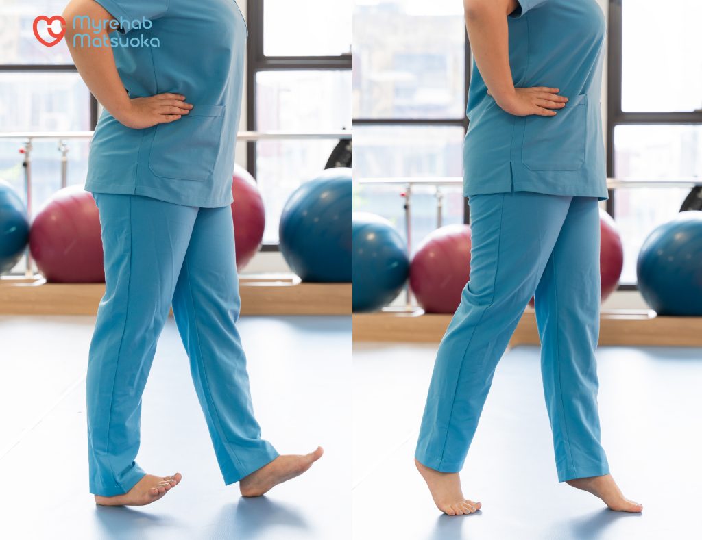 Đi bằng gót chân và mũi chân giúp củng cố sức mạnh cổ chân và rèn luyện thăng bằng cho người bệnh trong giai đoạn tập đi không nạng