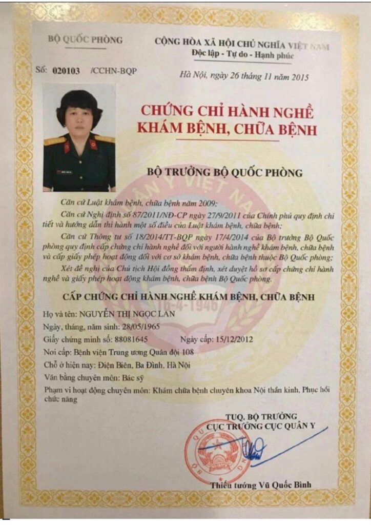 Chứng chỉ hành nghề bác sĩ Nguyễn Thị Ngọc Lan