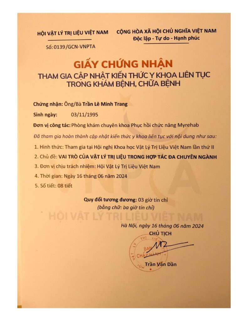 Giấy chứng nhận của kỹ thuật viên Trần Lê Minh Trang