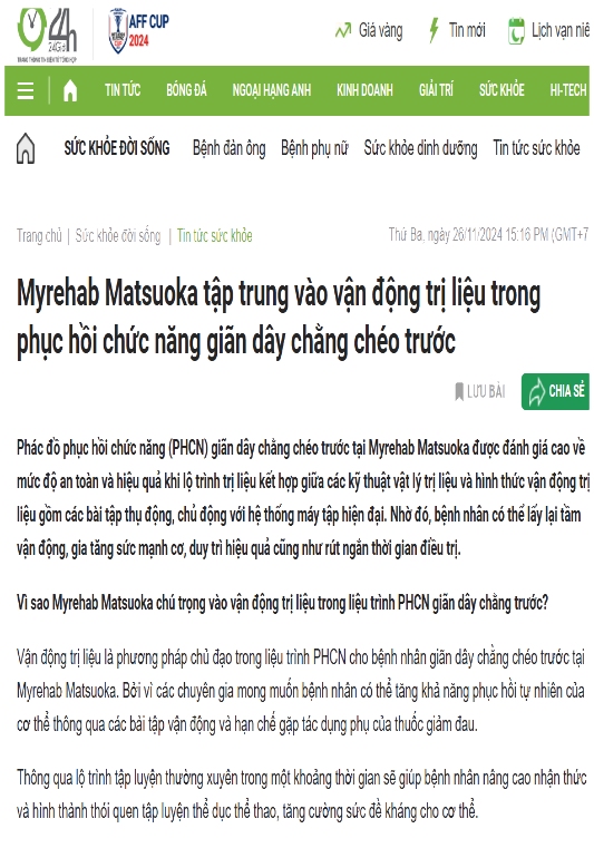 Báo 24h nói về PHCN dây chằng chéo tại trung tâm Myrehab