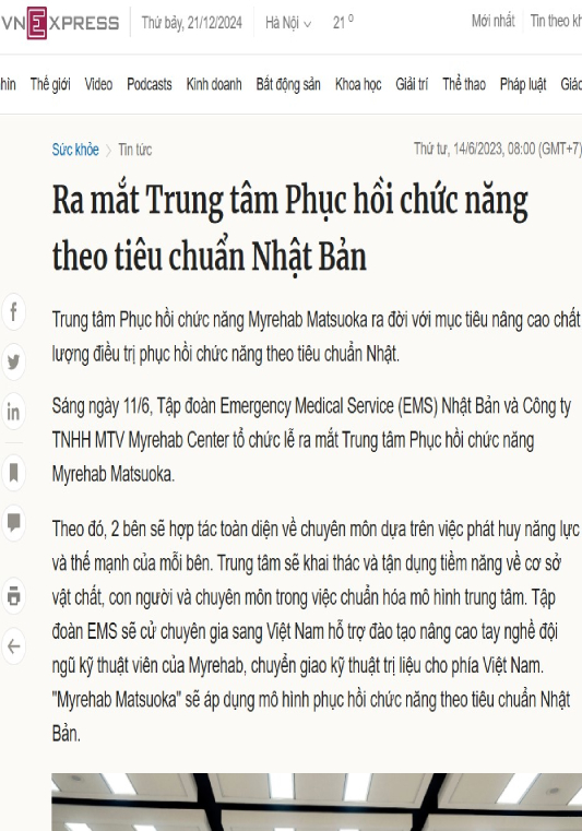 Báo VNExpress nhắc về PHCN tại trung tâm Myrehab Matsuoka