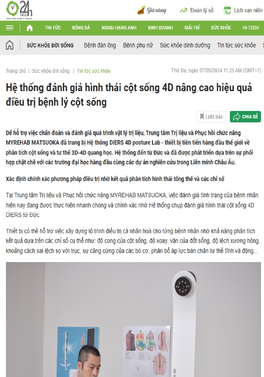 Báo 24h nói về PHCN cong vẹo cột sống tại Myrehab Matsuoka