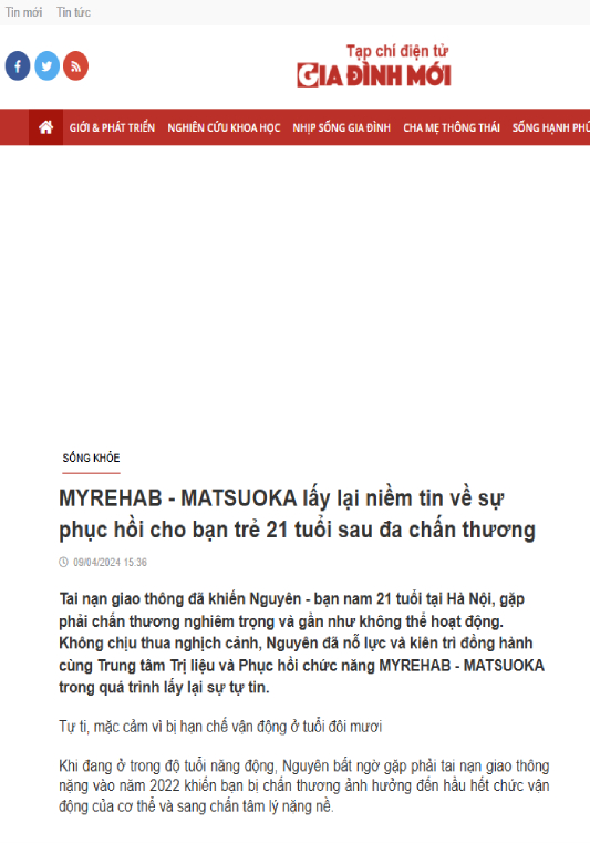 Báo Gia đình mới nói về PHCN đa chấn thương tại Myrehab
