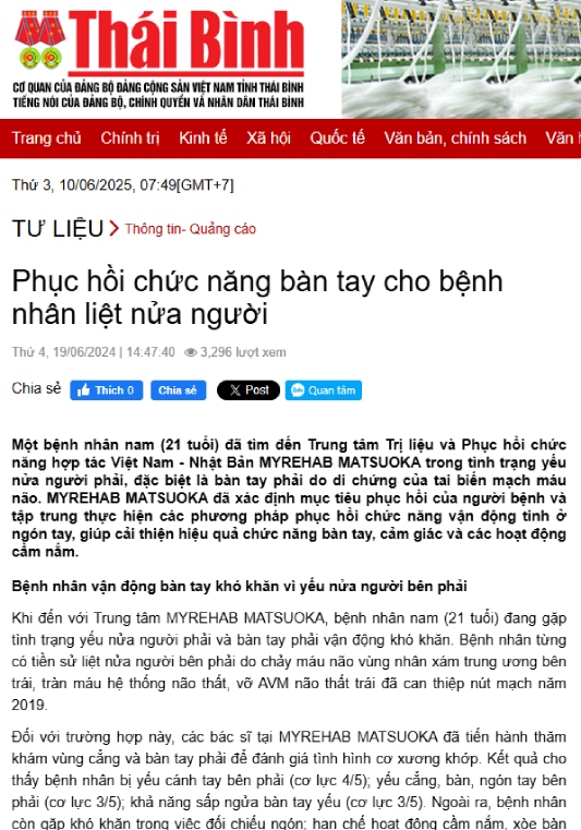 Báo Thái Bình nói về PHCN sau tai biến tại Myrehab